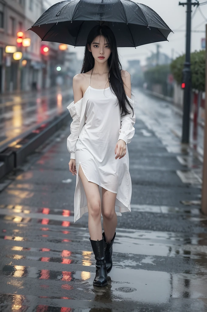 (((best quality))),(((ultra detailed))),(((masterpiece))),illustration,1girl, young,solo, slim,thin,shoulder length straight hair,small breasts,flat chest,white collared shirt dress,slender legs,boots,standing,rainy night, heavy rain, drenched clothes, melancholy expression, solitude, tear rolling down cheek, wet hair, empty streets, dimly lit, deserted environment, sound of rain, footsteps, discarded umbrella on the ground, symbol of hope, abandoned, resilience, determination, walking in rain, heartbreak, loss, love fading, loneliness, body language, facial expression, dreary atmosphere, rain-soaked streets, somber mood, viewer engagement,full body