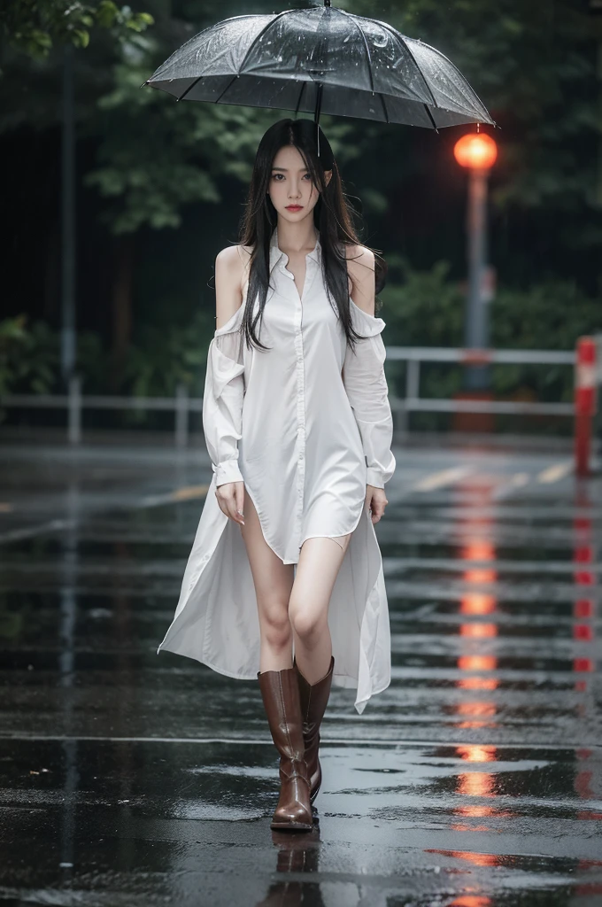 (((best quality))),(((ultra detailed))),(((masterpiece))),illustration,1girl, young,solo, slim,thin,shoulder length straight hair,small breasts,flat chest,white collared shirt dress,slender legs,boots,standing,rainy night, heavy rain, drenched clothes, melancholy expression, solitude, tear rolling down cheek, wet hair, empty streets, dimly lit, deserted environment, sound of rain, footsteps, discarded umbrella on the ground, symbol of hope, abandoned, resilience, determination, walking in rain, heartbreak, loss, love fading, loneliness, body language, facial expression, dreary atmosphere, rain-soaked streets, somber mood, viewer engagement,full body
