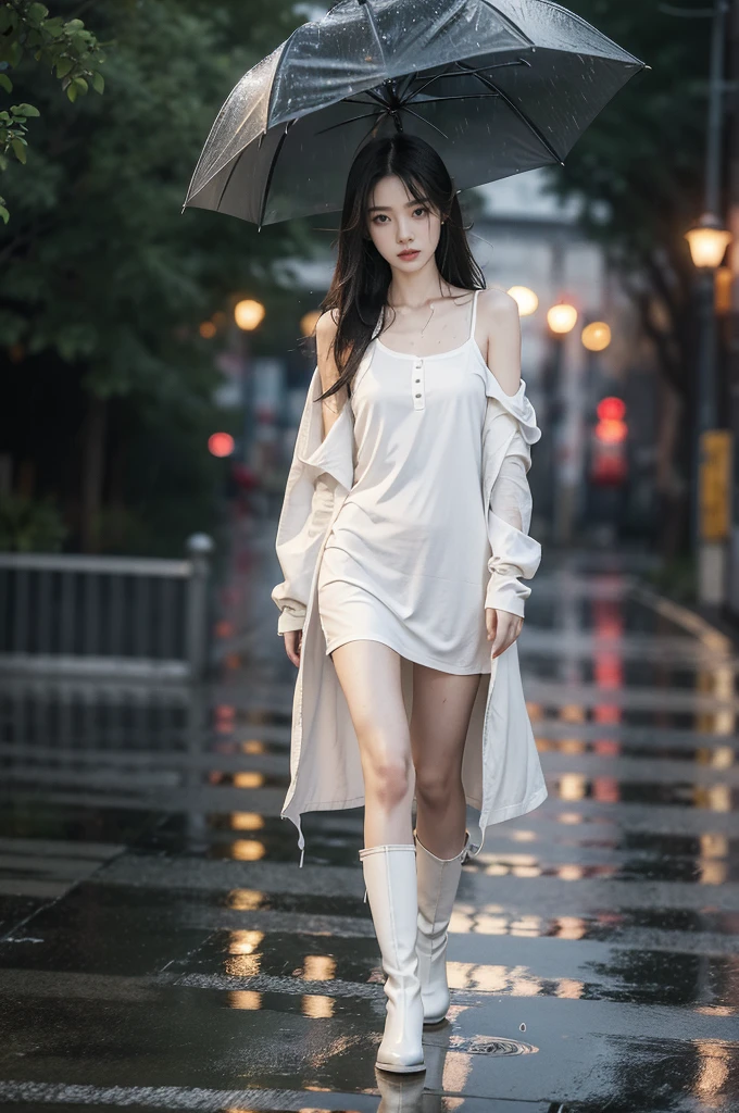 (((best quality))),(((ultra detailed))),(((masterpiece))),illustration,1girl, young,solo, slim,thin,shoulder length straight hair,small breasts,flat chest,white collared shirt dress,slender legs,boots,standing,rainy night, heavy rain, drenched clothes, melancholy expression, solitude, tear rolling down cheek, wet hair, empty streets, dimly lit, deserted environment, sound of rain, footsteps, discarded umbrella on the ground, symbol of hope, abandoned, resilience, determination, walking in rain, heartbreak, loss, love fading, loneliness, body language, facial expression, dreary atmosphere, rain-soaked streets, somber mood, viewer engagement,full body