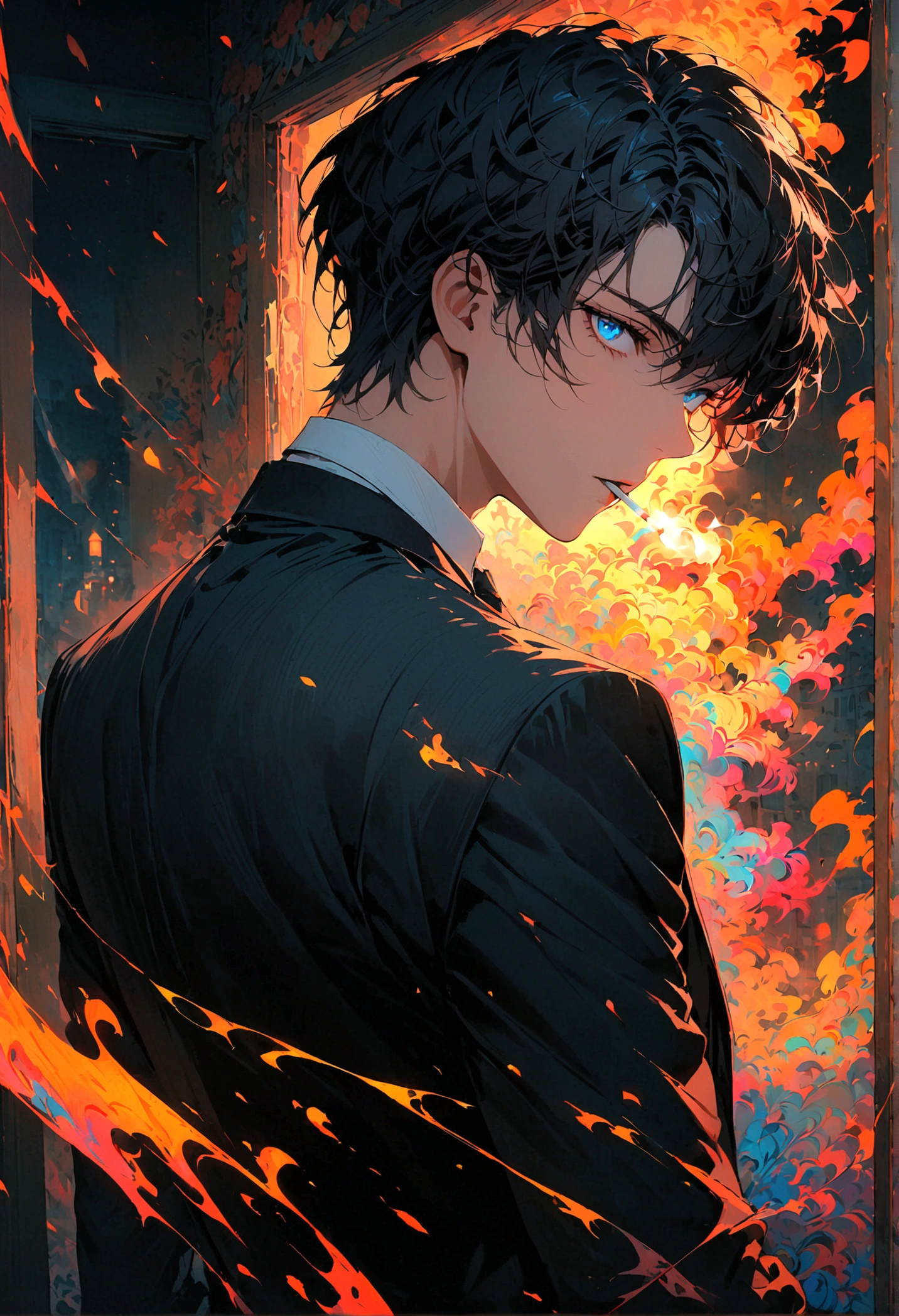 A young man with black hair, blue eyes, a black suit stood with his back turned half-face smoking a cigarette in his room at night.