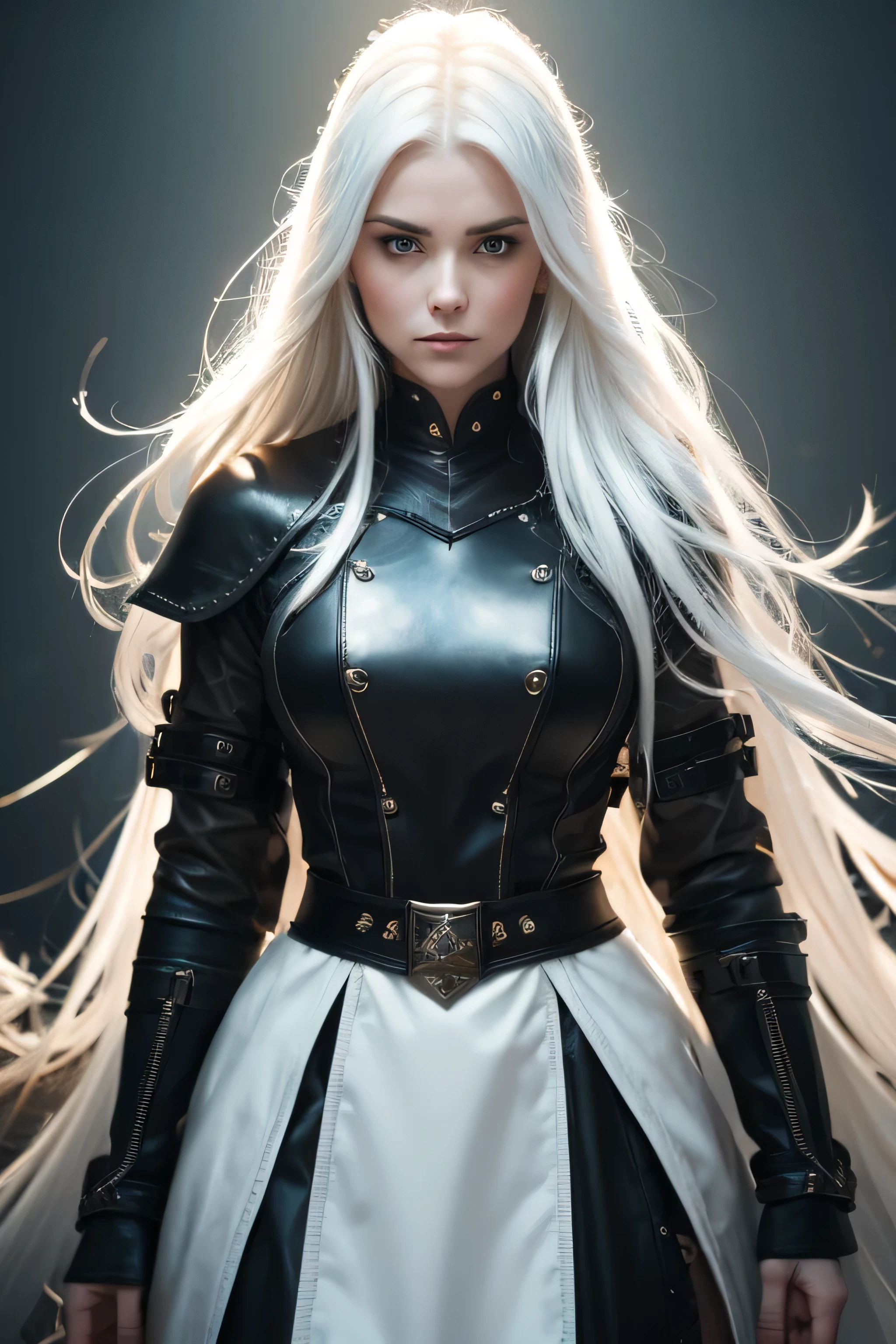 1 female medival fighter, long white hair, wearing leather, 25 years old, absurdres, high res, ultrasharp, 8K, masterpiece, the image should be of absurd resolution and high detail. It should be ultra-sharp and available in 8K resolution, representing a masterpiece in image quality.
