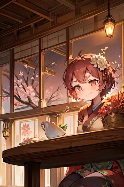 anime style, masterpiece,best quality,super fine illustration, super detailed, dynamic angle, beautiful background, 8k quality, In a crab specialty japanese restaurant, put  a big crab on a table. BREAK A woman with eyes sparkling with joy looks delighted at the sight.Break kimono,flower color,short hair,thick eyebrows,perfect hands,perfect face,Break detailed background,8k quality,masterpiece,