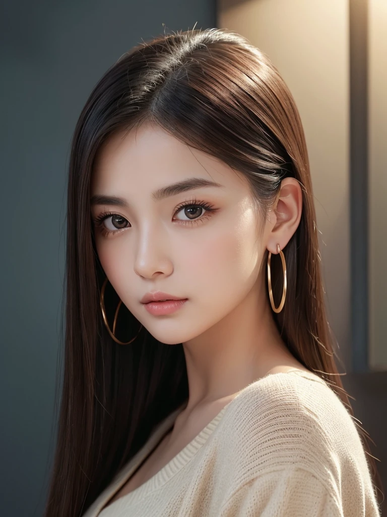 This image contains、Close-up, over-the-shoulder portrait of a young woman。Her hair is long、Straight、It's a bright orange color that goes past the shoulders.。The background is a gradient from yellow to orange.、Gives the image a soft, glowing effect。Women have large, almond-shaped eyes、It's the same bright orange color as your hair.。Her gaze is direct and intense.、Reflection in the eyes、Suggests a frontal light source。
Her eyebrows are thin and arched、It brings out the expressive eyes。Her long, thick eyelashes add depth to her gaze.。The lips are plump and slightly open.、It is painted in a lustrous warm red color.。There is a subtle shadow on the face、The light coming from the left emphasizes the facial features.。
The woman is wearing large hoop earrings.、Reflects light and adds sparkle。The costume is dark in color、Probably dark blue or black、Contrasts with the warm tones of the hair and background。The lighting is soft and diffused.、It creates a soft shadow that accentuates her features.。
The overall atmosphere is tranquil and enchanting.、Warm colors and soft lighting bring out the delicate yet striking features of a woman.。Her expression is neutral、It is interesting and、Let the viewer imagine what she is thinking and feeling。