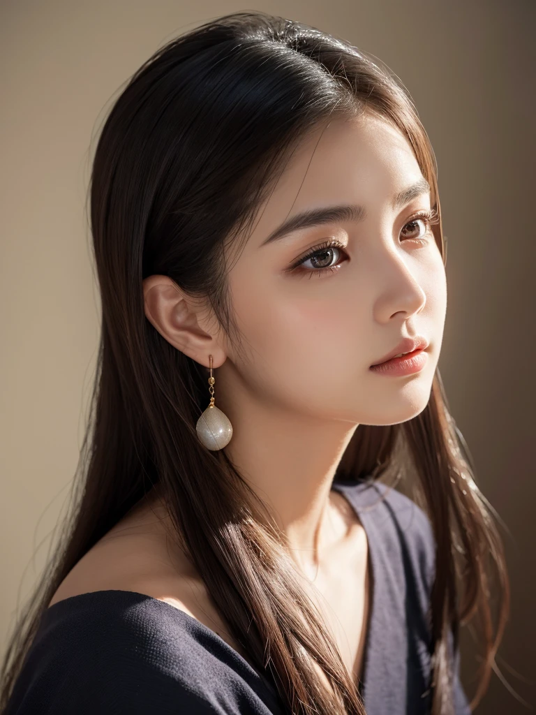 This image contains、Close-up, over-the-shoulder portrait of a young woman。Her hair is long、Straight、It&#39;s a bright orange color that goes past the shoulders.。The background is a gradient from yellow to orange.、Gives the image a soft, glowing effect。Women have large, almond-shaped eyes、It&#39;s the same bright orange color as your hair.。Her gaze is direct and intense.、Reflection in the eyes、Suggests a frontal light source。

Her eyebrows are thin and arched、It brings out the expressive eyes。Her long, thick eyelashes add depth to her gaze.。The lips are plump and slightly open.、It is painted in a lustrous warm red color.。There is a subtle shadow on the face、The light coming from the left emphasizes the facial features.。

The woman is wearing large hoop earrings.、Reflects light and adds sparkle。The costume is dark in color、Probably dark blue or black、Contrasts with the warm tones of the hair and background。The lighting is soft and diffused.、It creates a soft shadow that accentuates her features.。

The overall atmosphere is tranquil and enchanting.、Warm colors and soft lighting bring out the delicate yet striking features of a woman.。Her expression is neutral、It is interesting and、Let the viewer imagine what she is thinking and feeling。