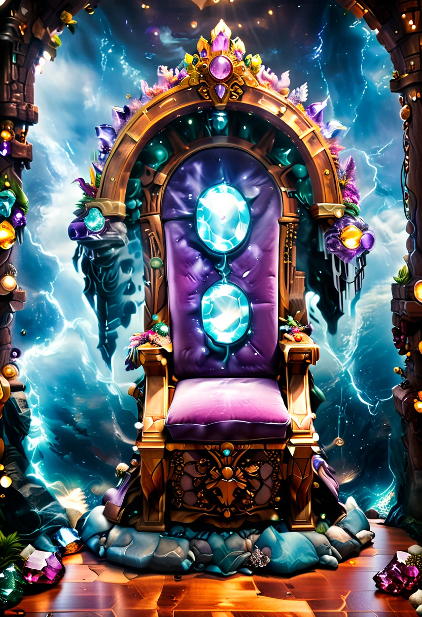 a picture of a massive epic throne, it has purple silk cushions, rubies, topaz, aquamarine gemstones artwork, the throne is epic in its majestic, power, and royalty, (symmetric art work: 1.4) with many wood decorations and gem artwork, behind the throne there are stars and nebulas of space a sense of high royalty, nobility and magic , (masterpiece: 1.4) intense details, highly detailed, photorealistic, best quality, highres,16k, [ultra detailed], masterpiece, best quality, (extremely detailed), close up, ultra wide shot, photorealistic, RAW, fantasy art, dnd art, fantasy art, realistic art,((best quality)), ((masterpiece)), (detailed