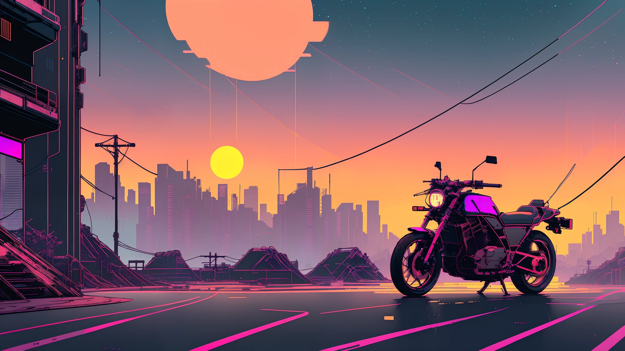 (nvinkpunk:1.2) SNTHWVE style motorcycle, Light Wave, sunset, Complex, Very detailed