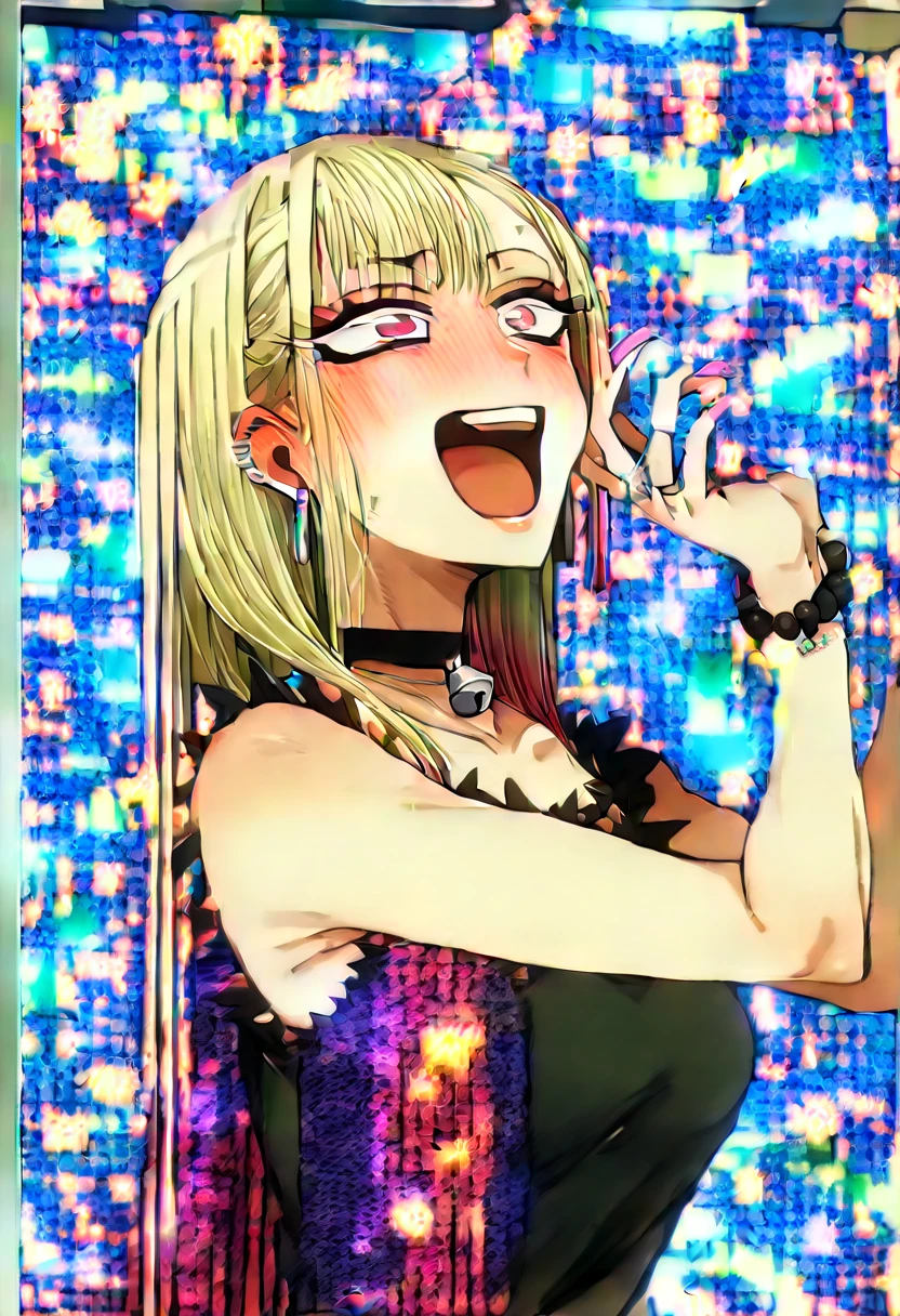 score_9, score_8_up, score_7_up, source_anime, KitagawaMarin, 1girl, ((very drunk)), ((staggers)), upper teeth only, multicolored hair, long hair, magenta eyes, ear piercing, earrings, pink nails, makeup, MarinSchool, bead bracelet, black choker, neck bell, ring, collared shirt, ((white shirt unbuttoned)), short sleeves, blue necktie, plaid skirt, blue skirt, tied shirt, standing, looking at viewer, ((hands on his stomach)), ((has a stomach ache)), ((shows her ???? ?????)), indoors, classroom, blurry background