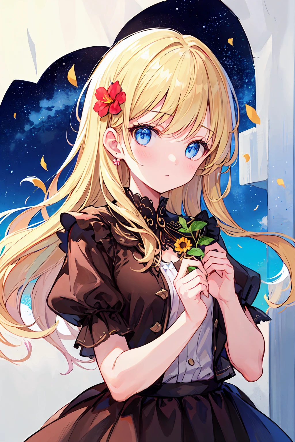 (Highest quality, masterpiece), One girl, Pause, particle, Wind, flower, Upper Body, Simple Background, Looking at the audience, blonde, milky way, beautiful
