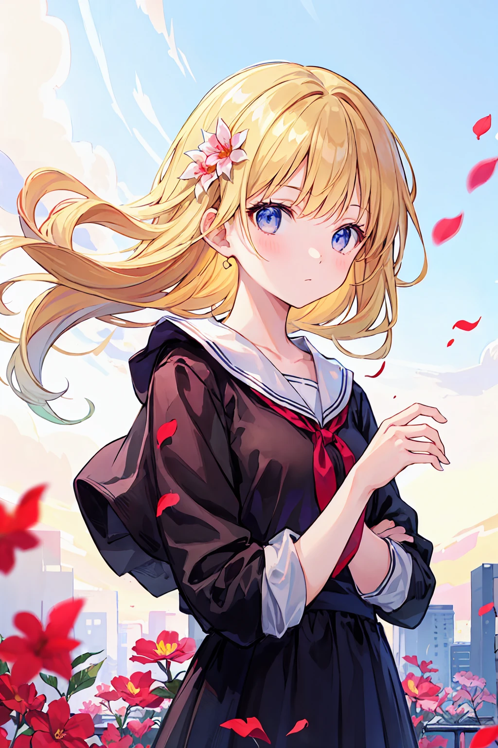 (Highest quality, masterpiece), One girl, Pause, particle, Wind, flower, Upper Body, Simple Background, Looking at the audience, blonde, milky way, beautiful