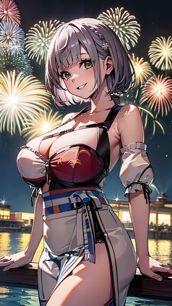 (Highest quality、masterpiece、Super detailed,8K),(Silver braided short bob),(yukata、Soft curves、Large Breasts、A fascinating body)、Summer festivities,stall,Detailed Background、night、night景、(Colorful lights),(Eat chocolate banana),(happy Smile)、firework