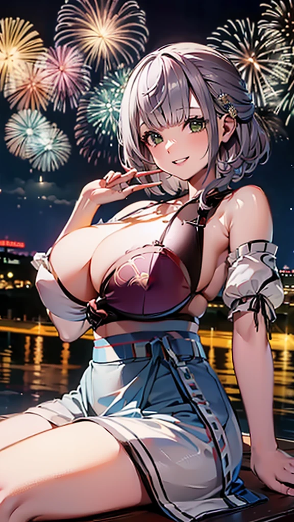 (Highest quality、masterpiece、Super detailed,8K),(Silver braided short bob),(yukata、Soft curves、Large Breasts、A fascinating body)、Summer festivities,stall,Detailed Background、night、night景、(Colorful lights),(Eat chocolate banana),(happy Smile)、firework