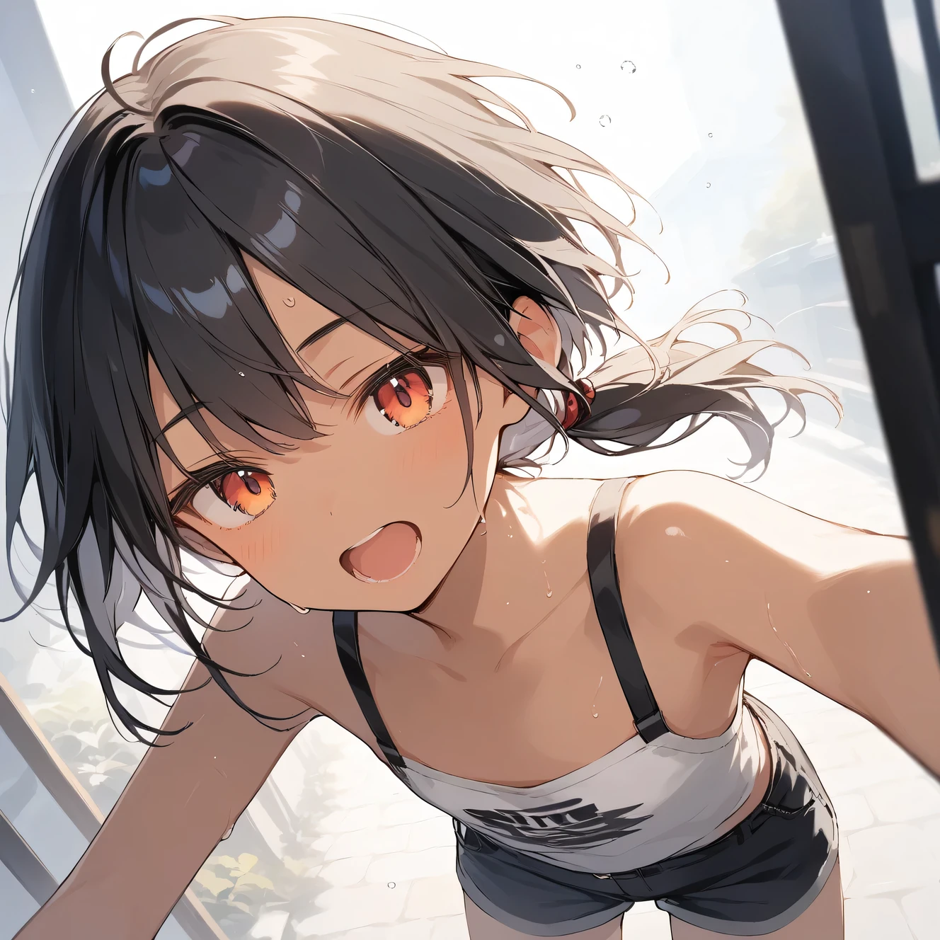 score_9, score_8_up, score_7_up, source_anime, best quality, masterpiece, official art, absurdres, highres, ultra-detailed,waifu2x,Collection: Slice of Life,break,1girl, tomboy, dark-skinned female, short hair, low ponytail, flat chest, beautiful detailed eyes, short shorts, sweat, open mouth, (yawn:0.3), sleepily, outdoors, wind, break,(clear line illustration:1.2),very high resolution, very aesthetic, super detailed skin, Best sexual lighting powered by famous artist, 8k,cute picture,beauty illustration,photoshop_(medium),,(Detailed Lighting),best anime 8k konachan wallpaper, pixiv contest winner, 