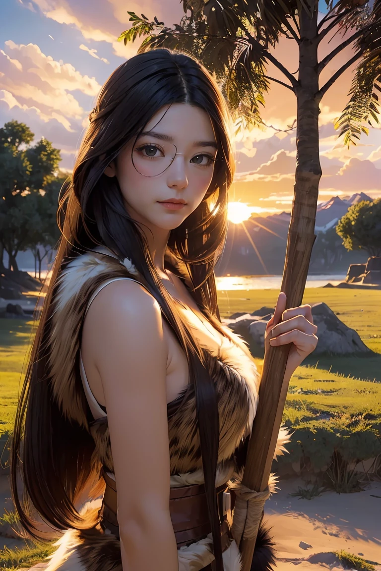 ((masterpiece, best quality, extremely detailed), volumetric lighting, ambient occlusion, colorful, glowing), 1 girl, solo, young girl, (dark hair), long hair, caveman style, cavewoman costume, animal fur, outdoors, sunset, sky, clouds, tree, ancient time, neanderthal, 