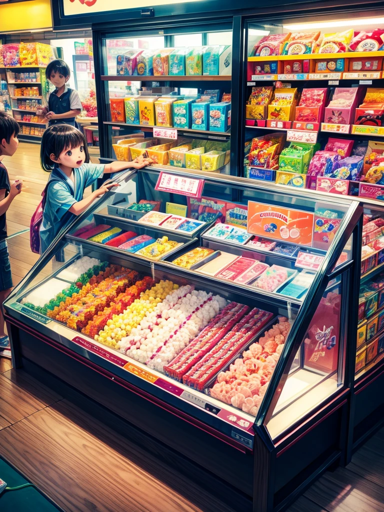 Highest quality,Highest Resolution,Children buying gachapon at a Japanese candy store during summer vacation,