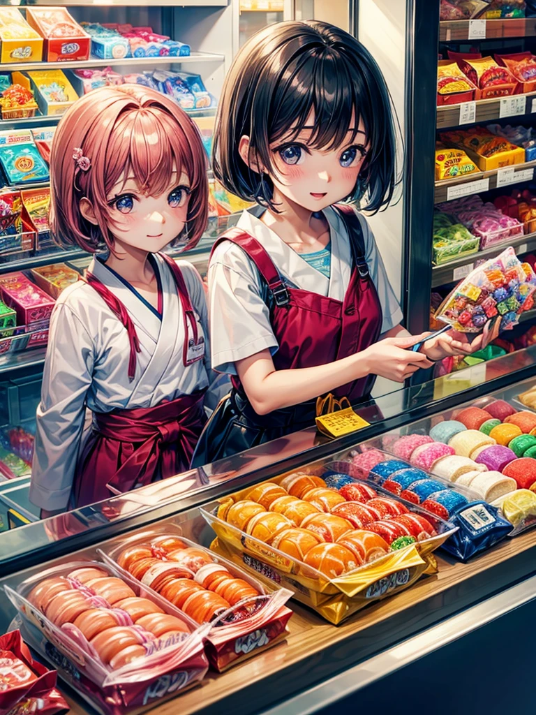 Highest quality,Highest Resolution, buying gachapon at a Japanese candy store during summer vacation,