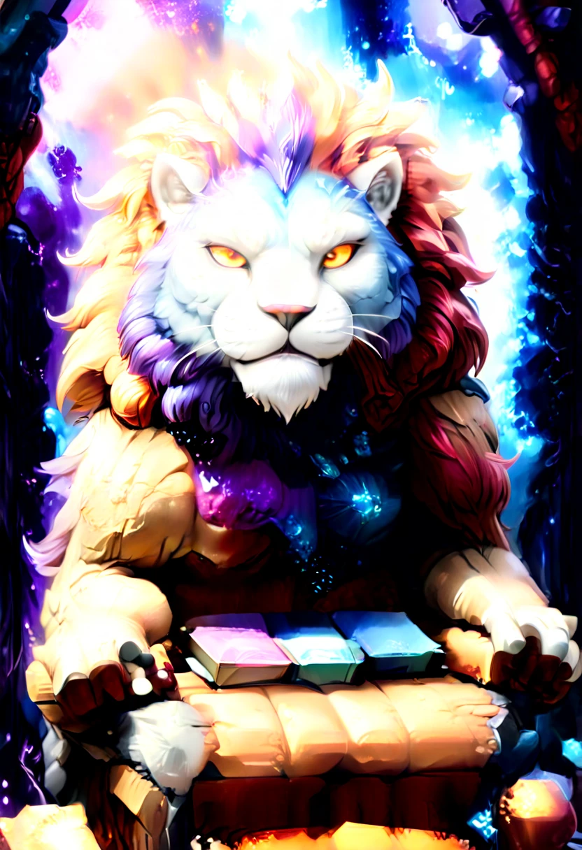 a picture of a massive epic throne, it has purple silk cushions, rubies, topaz, aquamarine gemstones artwork, the throne is epic in its majestic, power, and royalty, symmetric with many wood leonine carvings on the handle, a roaring lion head carving on the top of the seat of the throne, there is and gem artwork, behind the throne there are stars and nebulas of space a sense of high royalty, nobility and magic , (masterpiece: 1.4) intense details, highly detailed, photorealistic, best quality, highres,16k, [ultra detailed], masterpiece, best quality, (extremely detailed), close up, ultra wide shot, photorealistic, RAW, fantasy art, dnd art, fantasy art, realistic art,((best quality)), ((masterpiece)), (detailed: 1.5)
