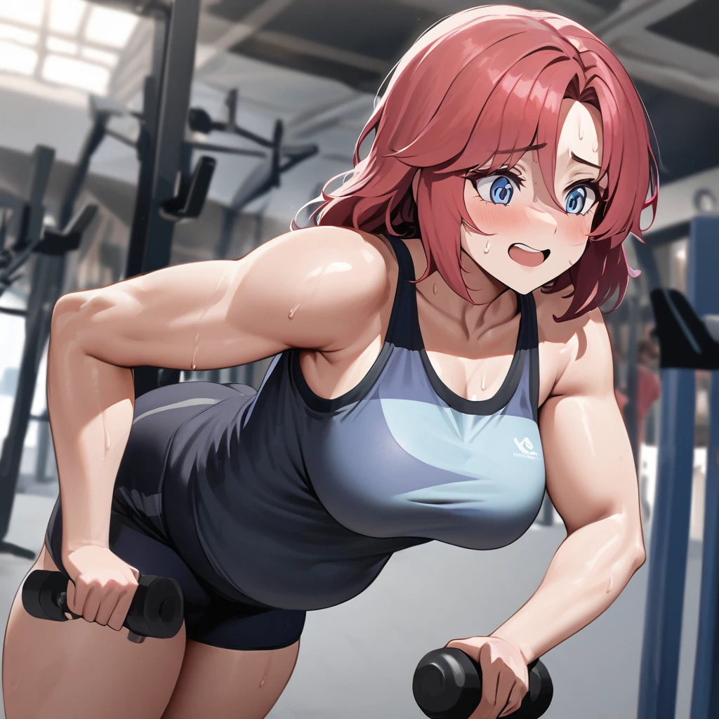 Young girl training in the gym, she is sweating, your short red hair and your blue eyes, de corpo inteiro, she is happy and has big thighs