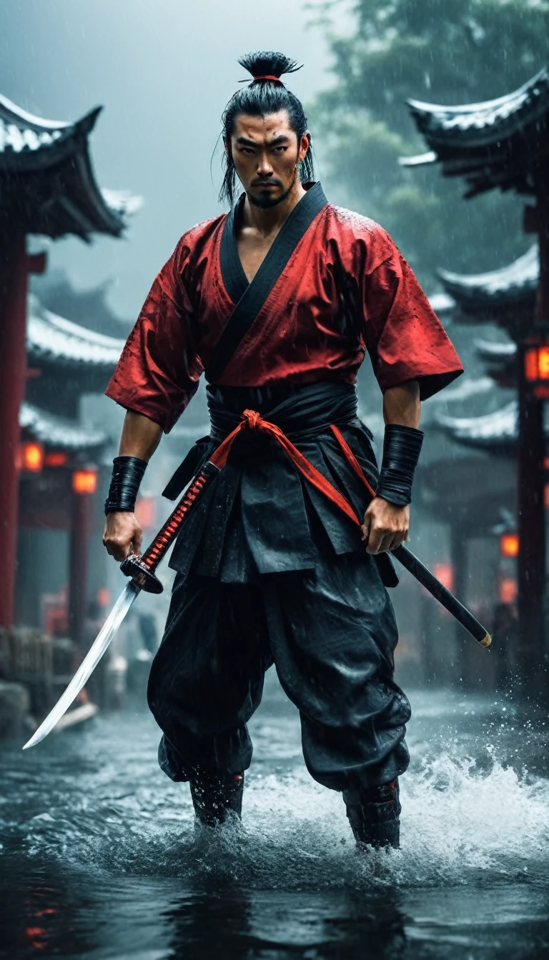 best quality,Ultra-fine,warrior samurai or samurai male in water ,Air,One hand holding a katana,Face mask,fighting,Dodge,avoid,lifelike,photorealism:1.37),bright colors,clear focus,Defocused,(fantasy:1.2),(mystical landscapes),(dynamic poses:1.37),(intense gaze),(Extraordinary power),(the power of myth),black and red, hyperrealism, very detailed skin, 4k, inkpunk style, great lighting, cyberpunk style,, rainy day,Wounds on the body,splash