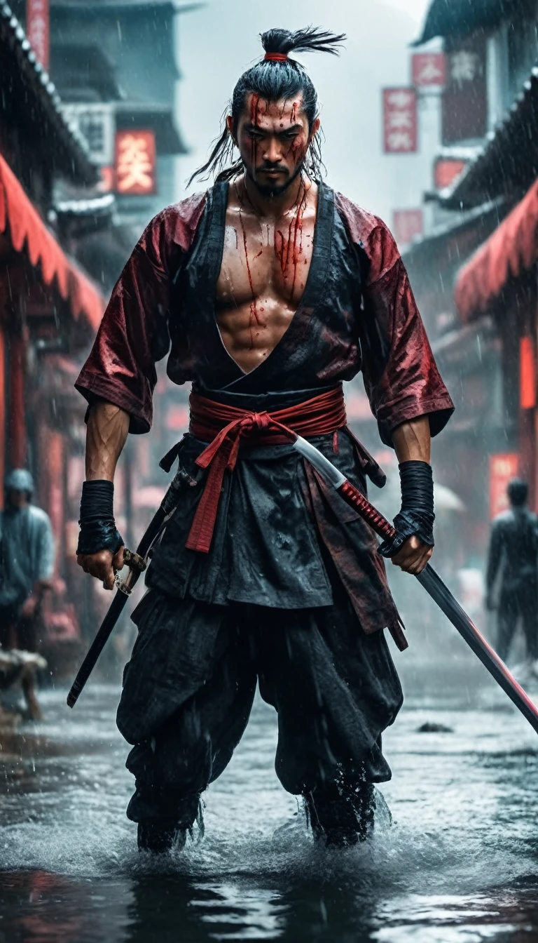 best quality，Ultra-fine，warrior samurai or samurai male in water ，Air，One hand holding a katana，Face mask，fighting，Dodge，avoid，lifelike，photorealism：1.37），bright colors，clear focus，Defocused，（fantasy：1.2），（mystical landscapes），（dynamic poses：1.37），（intense gaze），（Extraordinary power），（the power of myth），black and red, hyperrealism, very detailed skin, 4k, inkpunk style, great lighting, cyberpunk style,, rainy day，Wounds on the body，splash