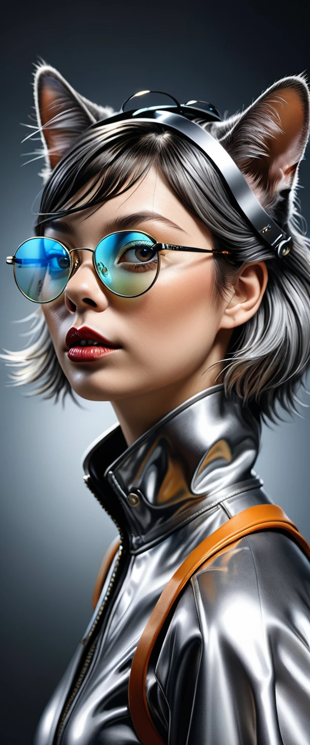 ภาพระยะใกล้ของ Gray Tabby Cat สวม shield glasses, Inspired by Hedi Xandt, Exaggerated illustrations, Hajime Sorayama designed the girl., Inspired by Elke Vogelsang, Realistic portrait of Björk, Vadim Kachin. ultra realistic, portrait of ultra realistic, Hyper-realistic illustrations, Very realistic illustrations, ultra realistic illustration