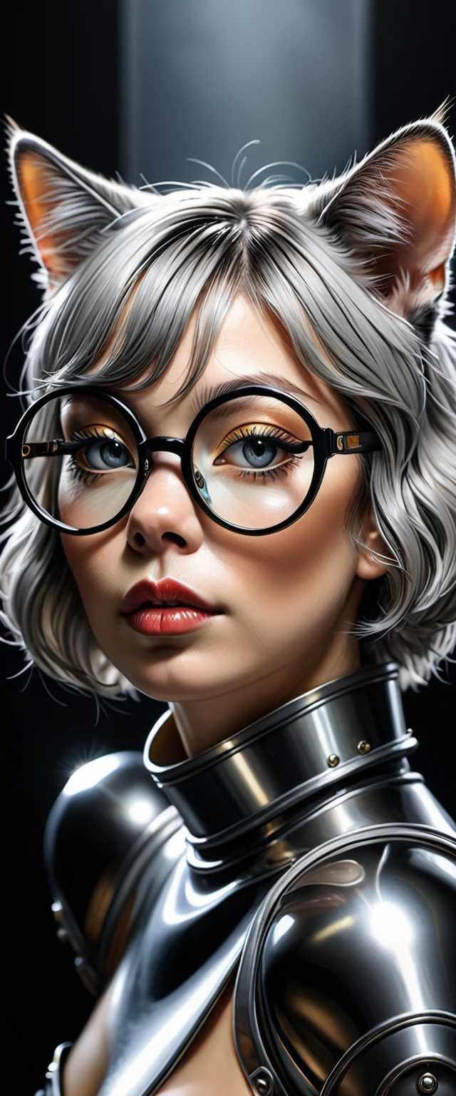 ภาพระยะใกล้ของ Gray Tabby Cat สวม shield glasses, Inspired by Hedi Xandt, Exaggerated illustrations, Hajime Sorayama designed the girl., Inspired by Elke Vogelsang, Realistic portrait of Björk, Vadim Kachin. ultra realistic, portrait of ultra realistic, Hyper-realistic illustrations, Very realistic illustrations, ultra realistic illustration