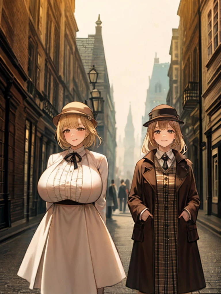 Sherlock Holmes lady & Watson lady: Two ladies dive into the world of deduction and adventure, infiltrating the hideout of villains. Baker Street, London,Sherlock lady with huge breasts, dressed in a brown color check patern frock coat and check patern hat, stands side by side with Watson lady with huge huge huge breasts, wearing a white formal suit. Gentle elegance and wild smile amidst wind-blown mist, as they ponder mystery's secrets,real background of Victorian-era London,masterpiece.