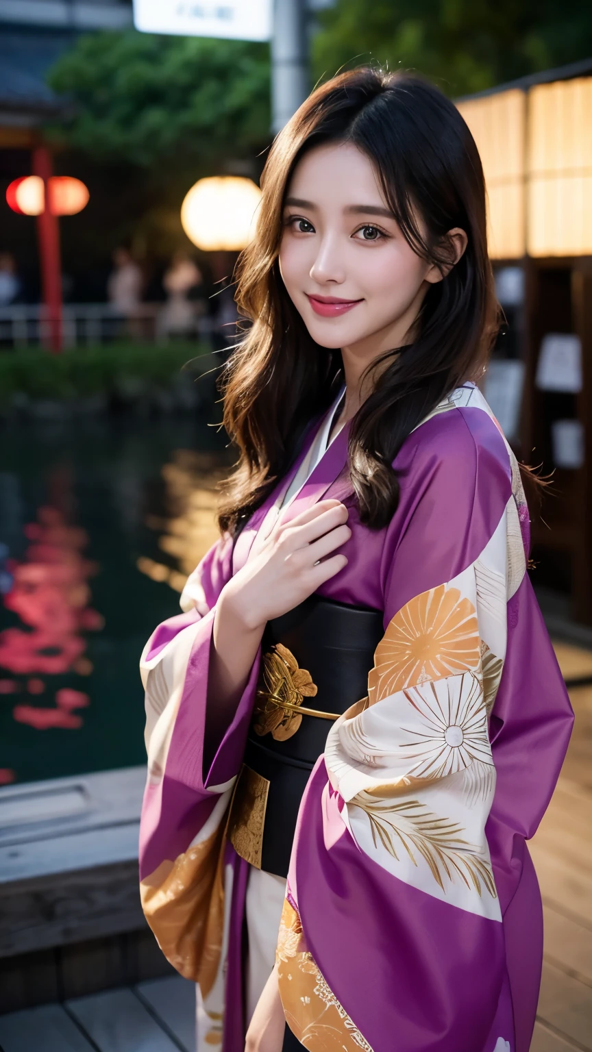 Beautiful supermodel woman with dark hair, A lock of hair with slight highlights, black eyes, mixed media, sexly，Japanese style festival background，Colorful kimono , Liquid color flows across her face, Photographed by Yui Aragaki、smile、night