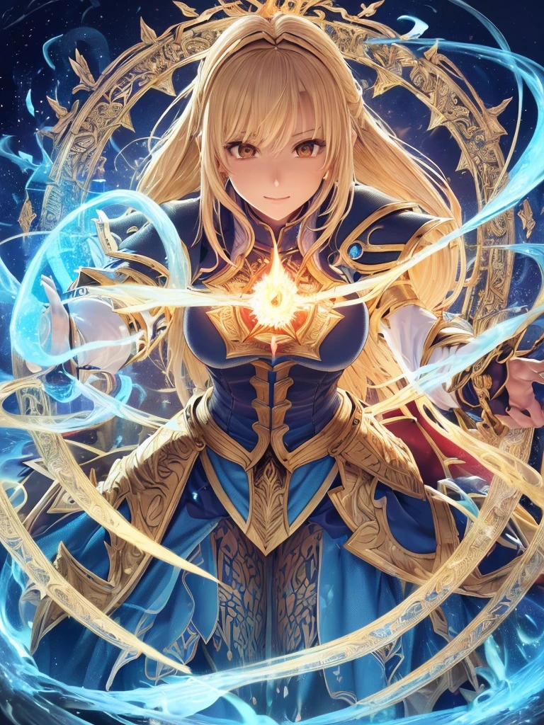 highest quality)),(超A high resolution),(Ultra-detailed),(Detailed depiction),((Best Anime)),(A masterpiece),Sharpness,Claire,super precision art,The art of astonishing depiction,Beautiful fantasy art with intricate and detailed details, (Flowing light:1.6),, (1 adult female:1.5),((Magic Knight:1.5)),(Asymmetrical magical armor with intricate and beautiful reliefs.:1.3),(Flames Gathering at Your Fingertips:1.3)big breasts 