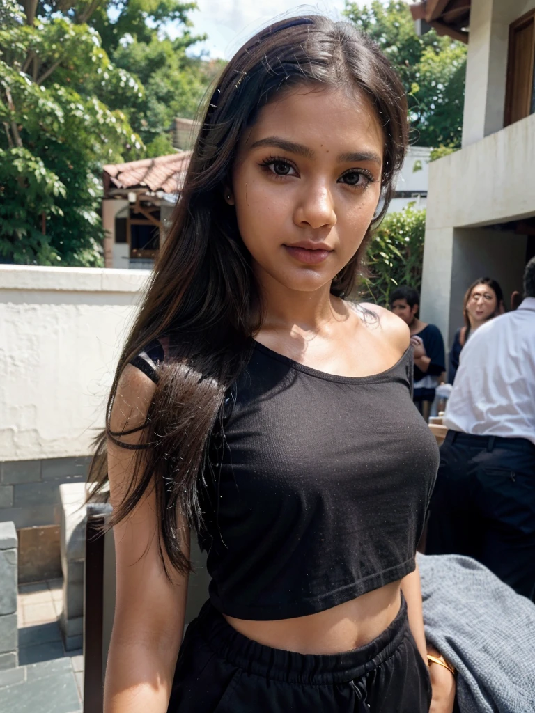 best quality,4k,8k,highres,masterpiece:1.2),ultra-detailed,(realistic,photorealistic,photo-realistic:1.37),srilankan 25 year old girl, with attractive facial features,beautiful detailed eyes,beautiful detailed lips,extremely detailed eyes, and face,longeyelashes, partialy fair skin. On a balcony of a hotel, peeking the beautiful sight, wearing a black T-shirt and grey elephant leg trouser.