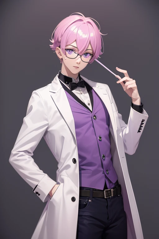 Scientist Gumball Handsome 18 year old boy with pale pink hair, pale pink skin, pierced ears, purple eyes, open white scientist's coat, pale purple jeans, white shirt with candy print, black belt, red jeans, necklace with blue gem, looking directly at the viewer. a white background.