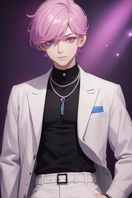 Scientist Gumball Handsome 18 year old boy with pale pink hair, pale pink skin, pierced ears, purple eyes, open white scientist's coat, pale purple jeans, white shirt with candy print, black belt, red jeans, necklace with blue gem, looking directly at the viewer. a white background.