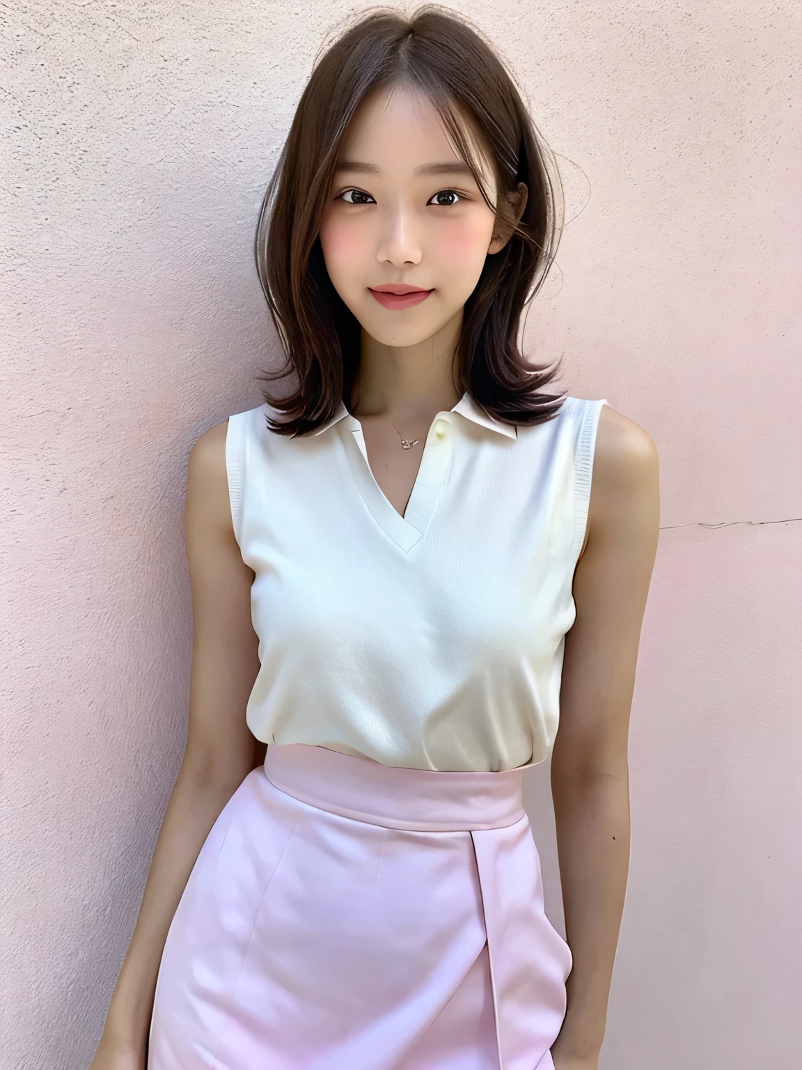 One person、11 years old、Full body photo、slender、woman、White drool coming out of the mouth、smile、Very short hairstyle、 Fair skin, messy hair, super cute、Soft and Face、8K resolution、Surreal、Ultra high definition、 A-cup small breasts（（Highest resolution、8K、masterpiece：1.3））、Ultra-fine face、Ultra Fine Lips、Beautiful Eyes、double eyelid,Pink wall、Sleeveless pink polo shirt、White Skirt、Thighs、thin,Thighsが見える、Shapely small breasts、