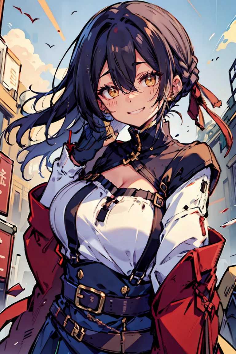 (masterpiece:1.2), (high quality:1.2), (hui xiyi:0.7), rekkyo sensen, rekkyou sensen, girls with((black hair, (tits cleavage:1.15), (breasts close up:1.15), (dress:0.65), (suspenders,blue clothes, belt:1.2), (frills shirt, combination of camisole and white knit sweater:1.2), exposed breasts, straps, (cross:1.05), upper body, (long wavy hair, one side up:1.2), long sleeves, (waving is hands, hands up, perfect hands, five fingers:1.05))), background with((fantasy world, ruin, castle, beautiful sky, shining sky, sunshine))