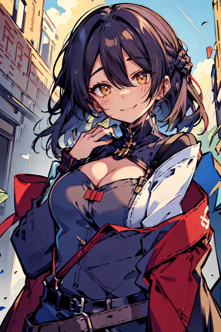 (masterpiece:1.2), (high quality:1.2), (hui xiyi:0.7), rekkyo sensen, rekkyou sensen, girls with((black hair, (tits cleavage:1.15), (breasts close up:1.15), (dress:0.65), (suspenders,blue clothes, belt:1.2), (frills shirt, combination of camisole and white knit sweater:1.2), exposed breasts, straps, (cross:1.05), upper body, (long wavy hair, one side up:1.2), long sleeves, (waving is hands, hands up, perfect hands, five fingers:1.05))), background with((fantasy world, ruin, castle, beautiful sky, shining sky, sunshine))