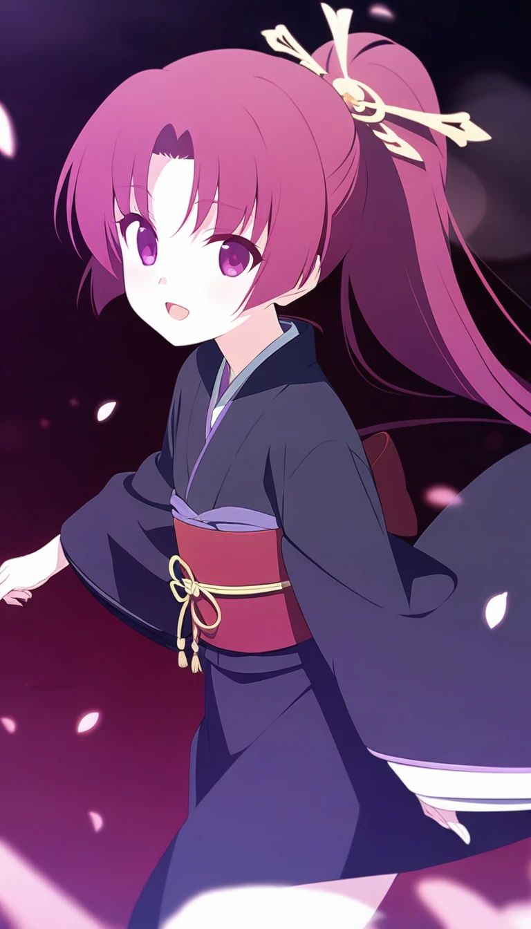 hyakkihime,1girl,black kimono,, ponytail, purple eyes,(petite:1.2)