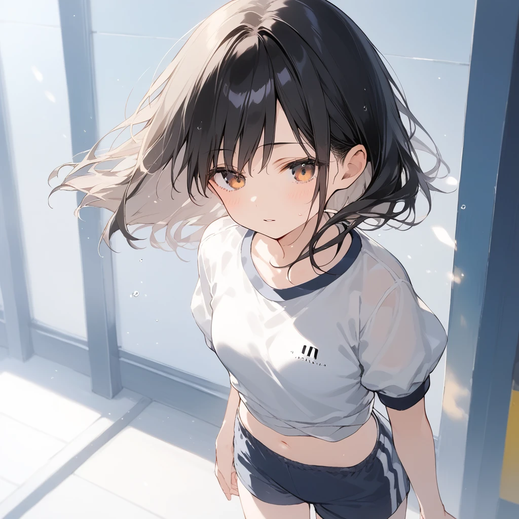 score_9, score_8_up, score_7_up, source_anime, best quality, masterpiece, official art, absurdres, highres, ultra-detailed,waifu2x,Collection: Slice of Life,break,1girl, 15-year-old, short hair, black hair, small breasts, beautiful detailed eyes, well-proportioned iris and pupils, parted lips, beautiful detailed lips, gym uniform, navel, byke shorts, sweat, expressionless, sleepily, School ground, outdoors, wind, break,(clear line illustration:1.2),very high resolution, very aesthetic, super detailed skin, Best cinematic lighting powered by famous artist, 8k, beauty illustration,photoshop_(medium),,(Detailed Lighting),best anime 8k konachan wallpaper, pixiv contest winner,