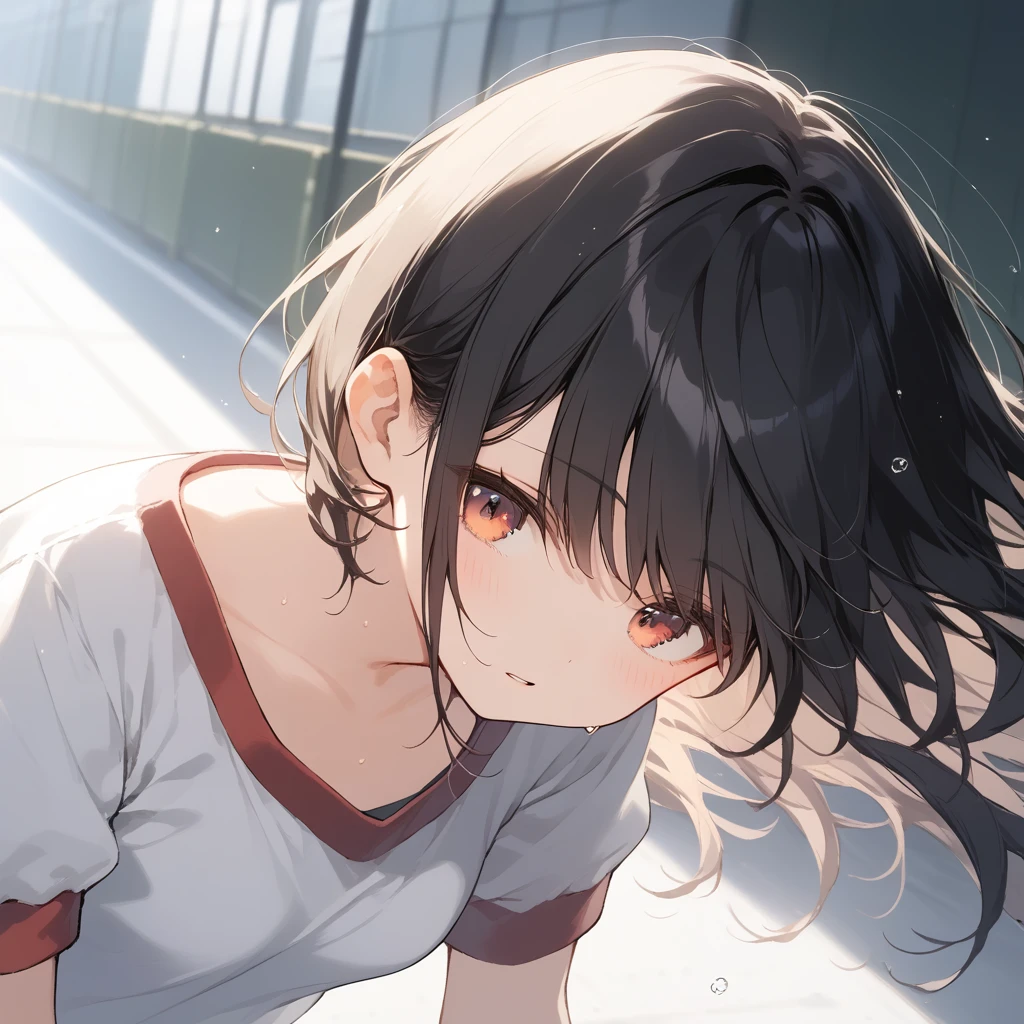score_9, score_8_up, score_7_up, source_anime, best quality, masterpiece, official art, absurdres, highres, ultra-detailed,waifu2x,Collection: Slice of Life,break,1girl, 15-year-old, short hair, black hair, small breasts, beautiful detailed eyes, well-proportioned iris and pupils, parted lips, beautiful detailed lips, gym uniform, navel, byke shorts, sweat, expressionless, sleepily, School ground, outdoors, wind, break,(clear line illustration:1.2),very high resolution, very aesthetic, super detailed skin, Best cinematic lighting powered by famous artist, 8k, beauty illustration,photoshop_(medium),,(Detailed Lighting),best anime 8k konachan wallpaper, pixiv contest winner,