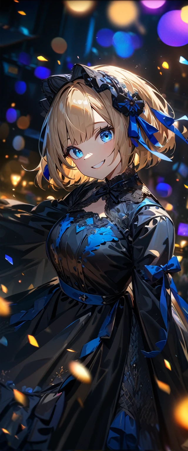 (((One girl))), Shibuya, blond hair, bob cut, (looking at viewer), upper body, breasts, teenager, head tilt:1.3, (((blue eye))), constricted pupils, (from side:1.3), ((happy smile)), (((gothic lolita:1.3))), hair ornament, hair ribbon, anime style, (best quality, 4k, 8k, highres, masterpiece:1.2, ultra-detailed, ultra-detailed eyes, HDR, UHD, studio lighting, ultra-fine painting, sharp focus, physically-based rendering, extreme detail description, professional, vivid colors, bokeh)