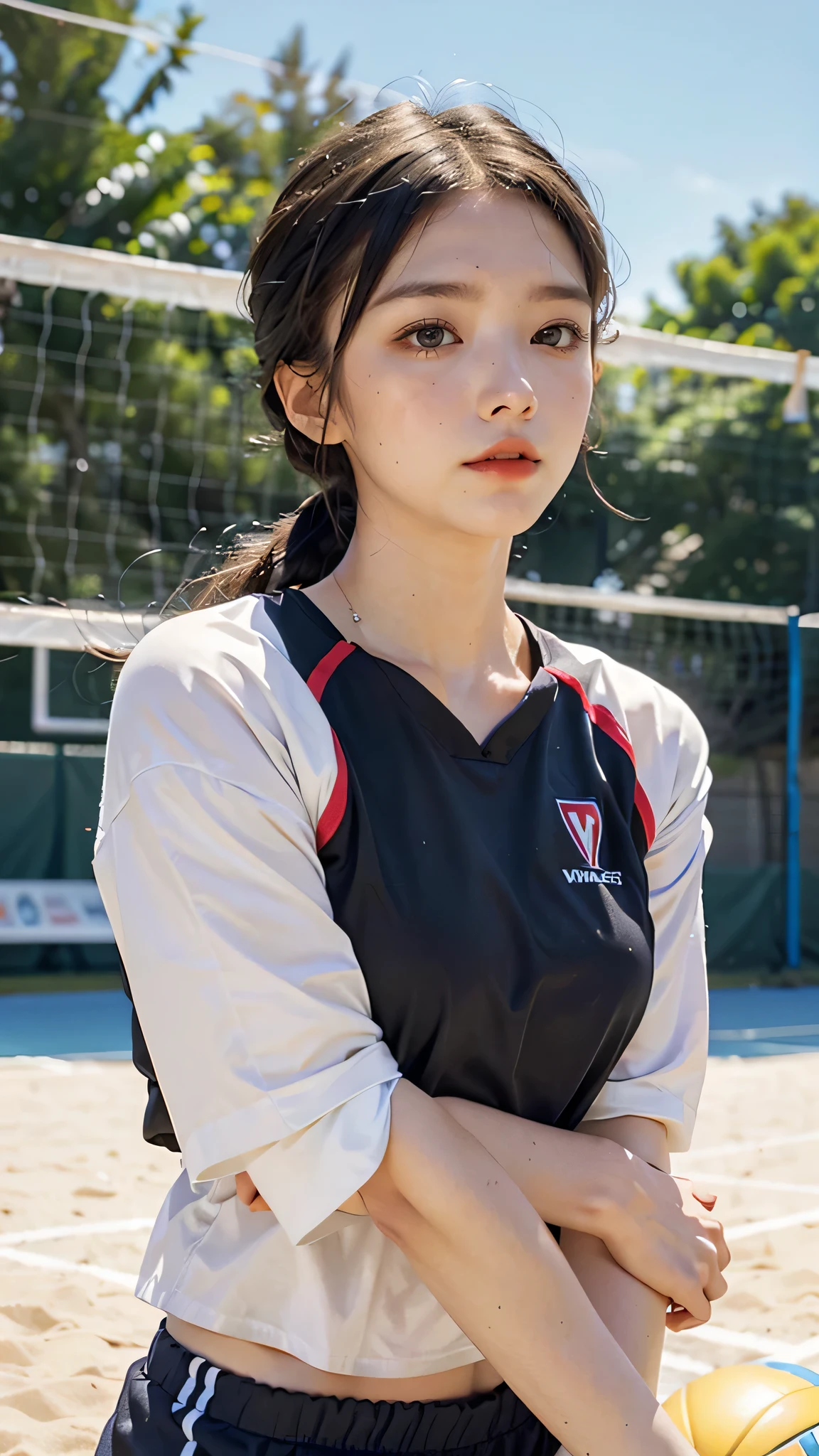 ((fully clothed))high res, masterpiece,Kenma Kozume, ((female,)) ((women), black_hair (blonde_hair) looking_to_the_side male_focus multicolored_hair,solo sportswear sweat sweatdrop twitter_username tying_hair upper_body volleyball_uniform yellow_eyes, detailed background, bright,volleyball court, outside,blue sky, woods,