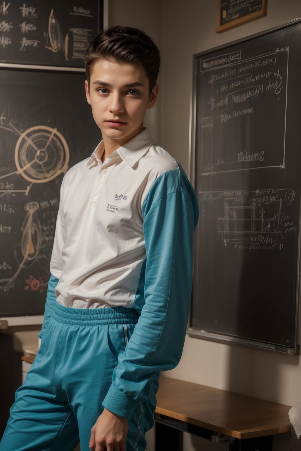 A beautiful young man, a cute male twink, with black hair and a face with reddish make-up, wearing a bright white long-sleeved shirt and tight aqua blue pants. He is in his office, and behind him is a blackboard on which is written the shape of the brain and its anatomy, and nuclear energy comes out of it.
