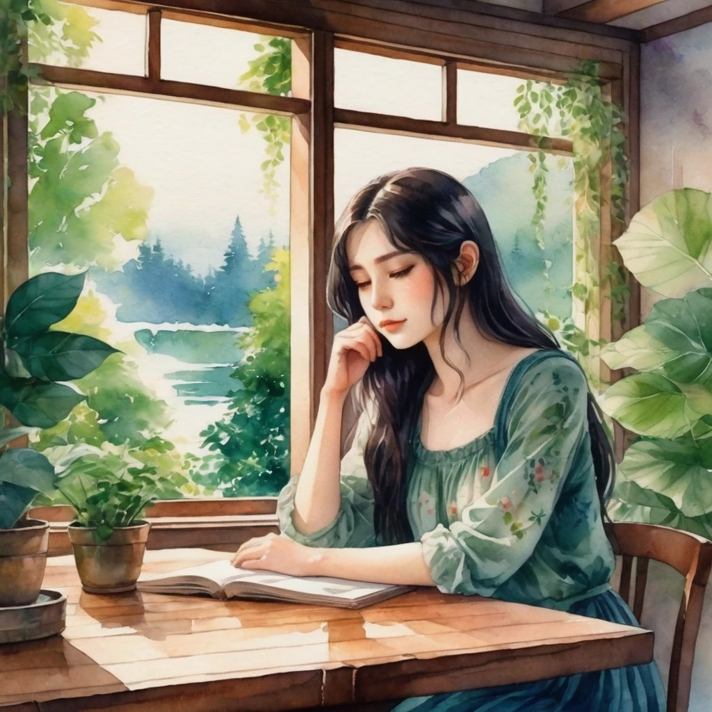 anime, watercolor style ,In the serene environment of a room, a young girl with long, dark hair is immersed in a world of her own. She is sitting at a wooden table, hands resting gently on her face, lost in thought. The room is adorned with a window that offers a view of lush greenery, adding to the tranquility of the environment.