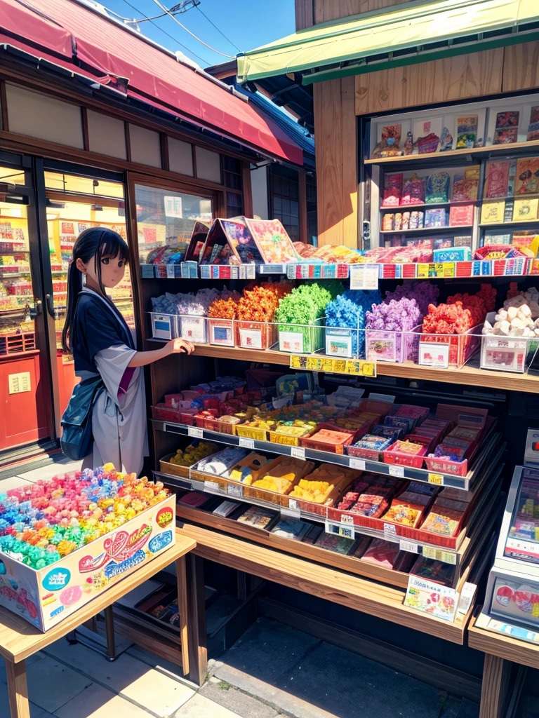 Highest quality,Highest Resolution, buying gachapon at a Japanese candy store during summer vacation,