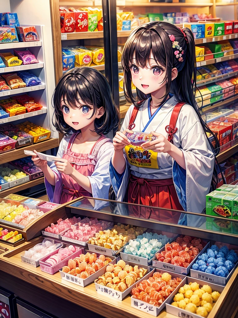 Highest quality,Highest Resolution,Children buying gachapon at a Japanese candy store during summer vacation,