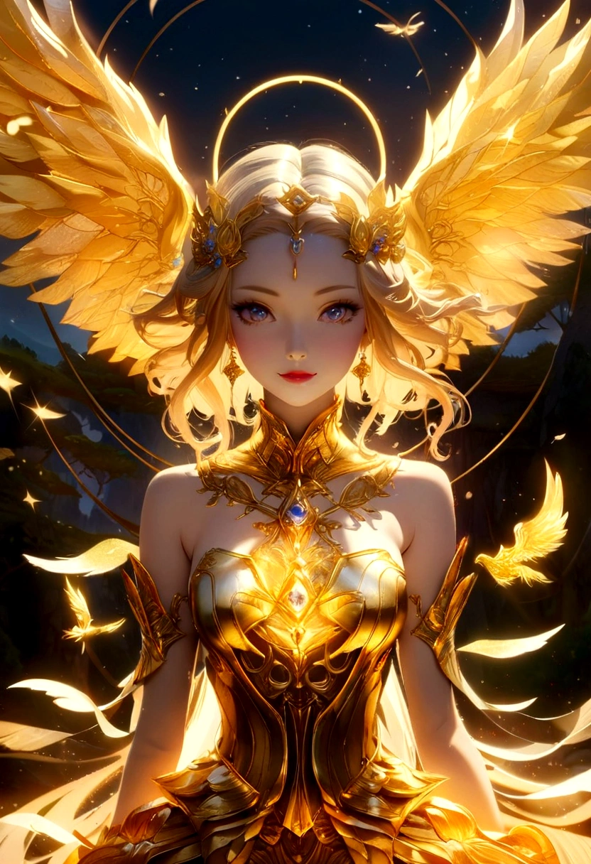 Woman with golden wings and a golden halo, Golden Armor of an Angel, Complex and gorgeous anime CGI style, With flaming golden wings, Goddess of Light, Shining golden aura, Anime Goddess, Detailed fantasy digital art, 8k high quality detailed art, Beautiful Fantasy Empress, 2. 5d cgi anime fantasy artwork, Golden Goddess Athena, Fantasy art style, epic Fantasy art style hd