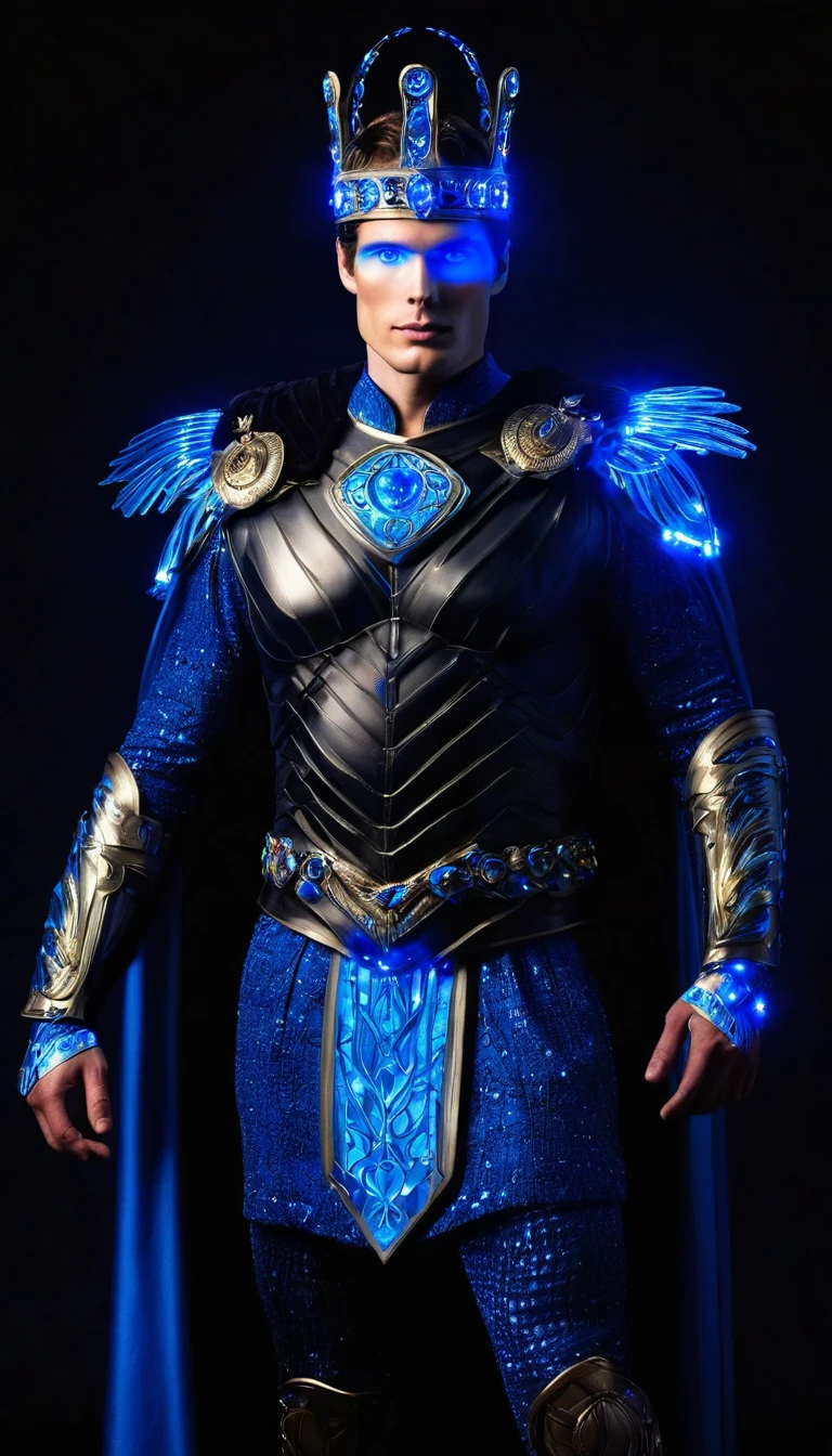 Full body biopunk bioluminescent portrait of blue eyes inspired model by Christopher Reeve Ultra-detailed body image in a dark environment in a dynamic high fashion pose. full body of a male model dressed as a royal in evening attire elegant pose, wearing spartan king clothes, features of Greek fashion war, with a laurel wreath on his head. Men&#39;s fashion in blue and gold, the rainbow opal crown can be white, Incolor, milky blue, gris, rot, yellow, Unripe, brown and black spartan warrior from Greece, with the appearance of the demigod Hercules,  detailed the clothes and body, 8K style spartan clothes. cinematic lighting
