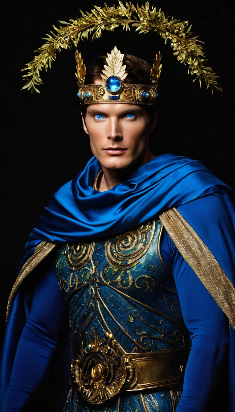 Full body biopunk bioluminescent portrait of blue eyes inspired model by Christopher Reeve Ultra-detailed body image in a dark environment in a dynamic high fashion pose. full body of a male model dressed as a royal in evening attire elegant pose, wearing spartan king clothes, features of Greek fashion war, with a laurel wreath on his head. Men's fashion in blue and gold, the rainbow opal crown can be white, Incolor, milky blue, gris, rot, yellow, Unripe, brown and black spartan warrior from Greece, with the appearance of the demigod Hercules, detailed the clothes and body, 8K style spartan clothes. cinematic lighting