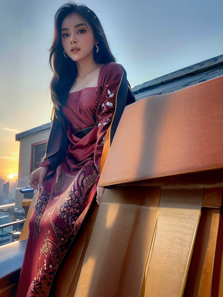 A stunning high-quality, ultra-high-resolution photo of a 20-year-old Indonesian woman with a clean, radiant face. She is sitting on a rooftop, overlooking a bustling city with towering buildings and a clear, blue sky above. The sun is setting, casting a warm, vibrant glow on the scene. Every detail is meticulously captured, enhancing the natural beauty of the image. The photo has been processed with HDR+ technology, showcasing high textures and ornate details, making it a truly captivating and immersive experience