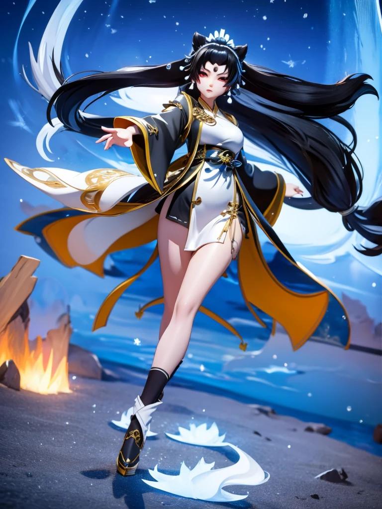 Seizo Watase style, Simple Line Initialism，Abstract art, 3d character, colorful hearts ,(((The most beautiful girl of all time))),  (full body 1.2), only girl,  18 year old, full body, (((8k))),, (((3d))), black hair,  Chinese girl, long hair, snow background, Taoist monk, cheongsam, yin and yang circle, black and white suit