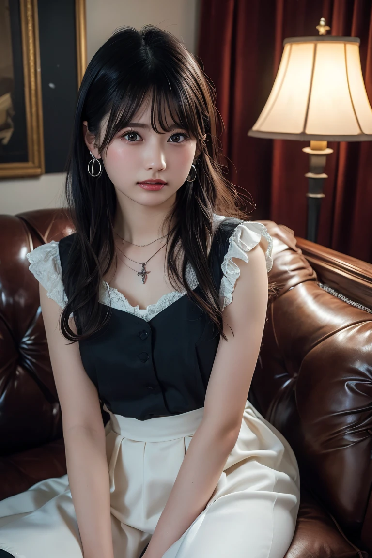 (Highest quality:1.4),(masterpiece:1.4),(Realistic:1.4),(Realistic:1.2),(超High resolution, RAW Photos:1.4),(High resolution, Ultra-detailed:1.2),(8K:1.2),View your viewers,Cinematic photography,One girl,skeletally correct,Black-haired woman,(Small earrings,necklace,Witch Cosplay,View from the front),(Western-style building interior,Dimly lit room,The lamplight shines on my cheeks,Sit on the sofa)