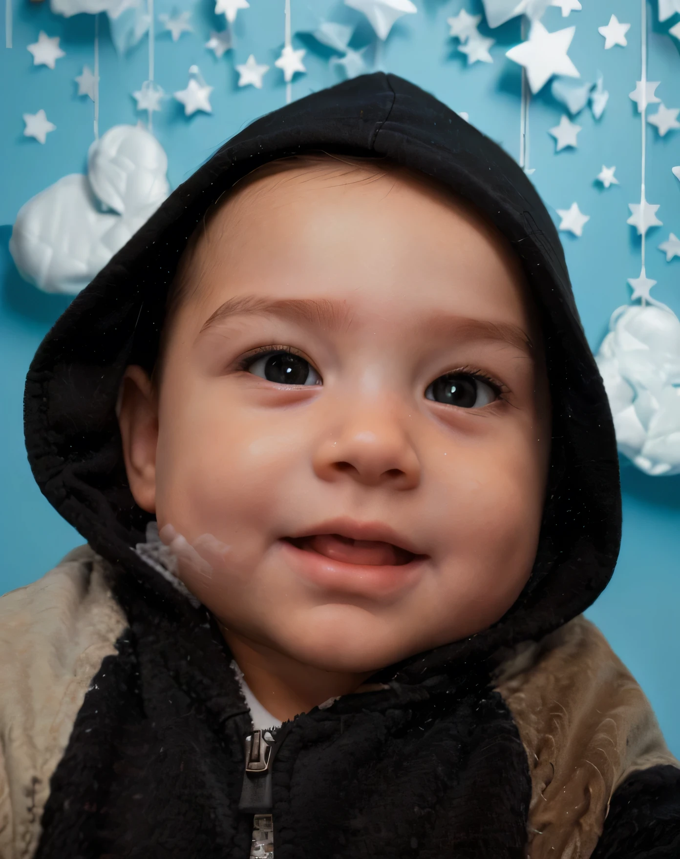 There is a baby boy wearing a black hoodie and a jacket., photorealistic face, purchased photo, Representation of a close-up portrait, photorealistic portrait, portrait photo foto de perfil, photo realistic portrait, ultra realistic portrait, portrait photo, portrait photo realista, photorealistic face, close up face portrait
